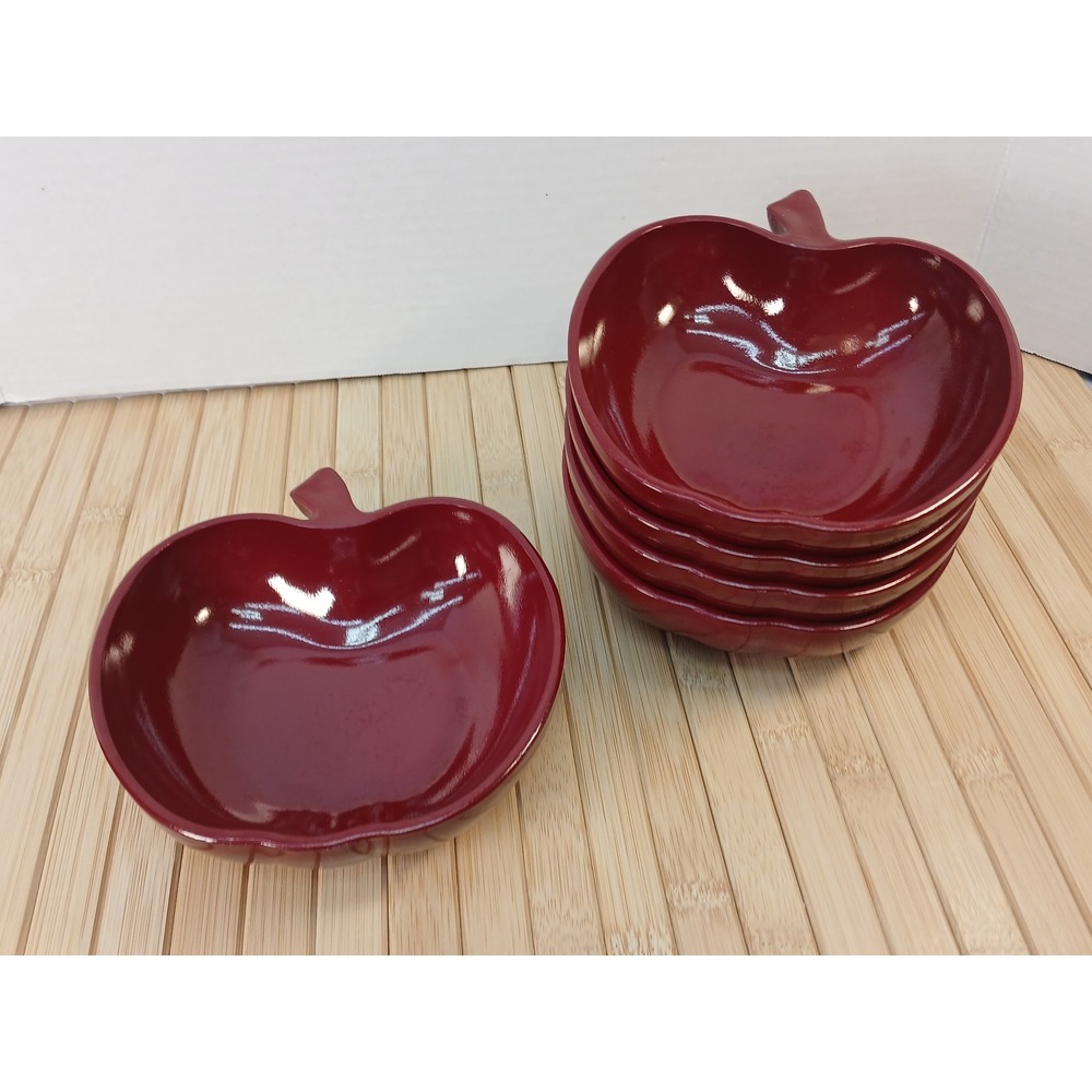 Hazel Atlas Red Flashed Milk Glass Apple Shaped Bowls Set of 5 Vintage MCM